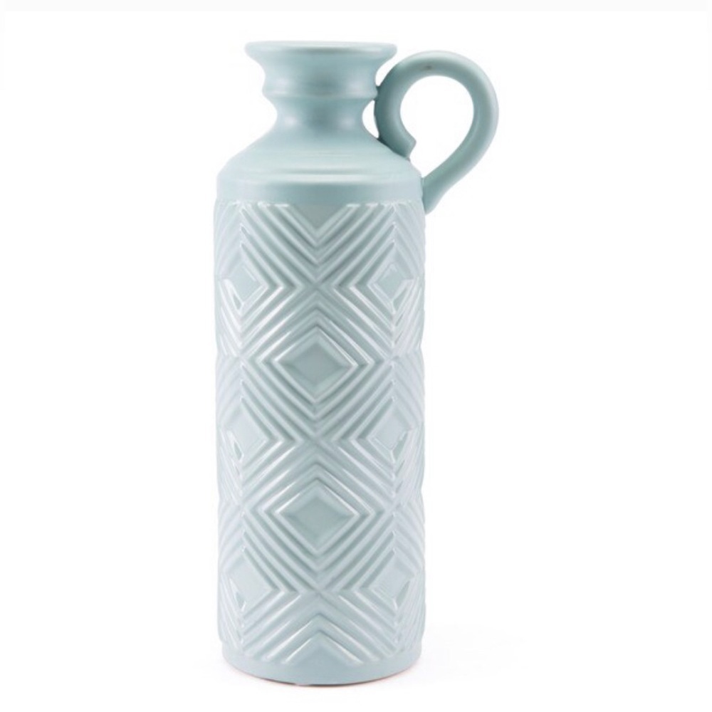 Bed Bath & Beyond Large Sea Blue Herringbone Decor Jug Bottle Pitcher Vase - EUC